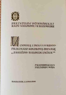 Dyplom odznaki honorowej "Zasłużony Białostocczyźnie"