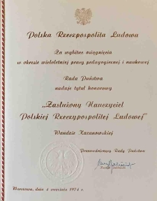 Dyplom potwierdzajacy nadanie tytułu honorowego 'Zasłużony Nauczyciel'