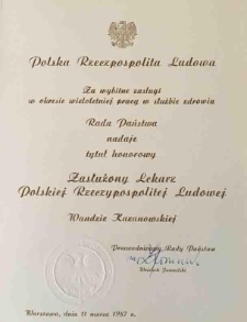 Informacja o nadaniu tytułu honorowego 'Zasłużony Lekarz'