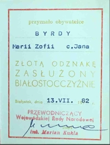 Dyplom odznaki honorowej "Zasłużony Białostocczyźnie"
