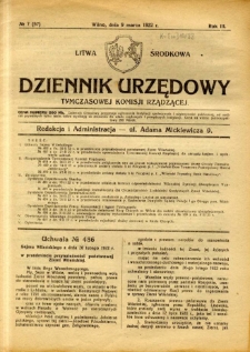 Dziennik Urzędowy Tymczasowej Komisji Rządzącej 1922.03.09 R.3 nr 7