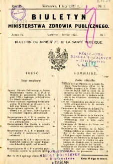 Biuletyn Ministerstwa Zdrowia Publicznego 1921 R.4 nr 1